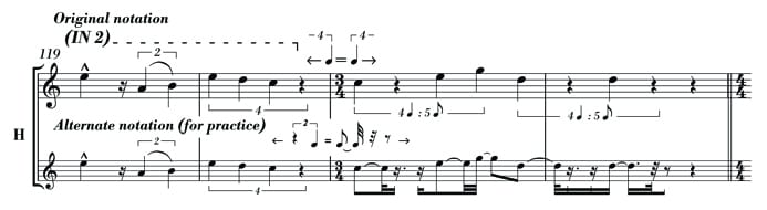 Music Example: Comedy - Bell Quartuplets - Alternative Notation